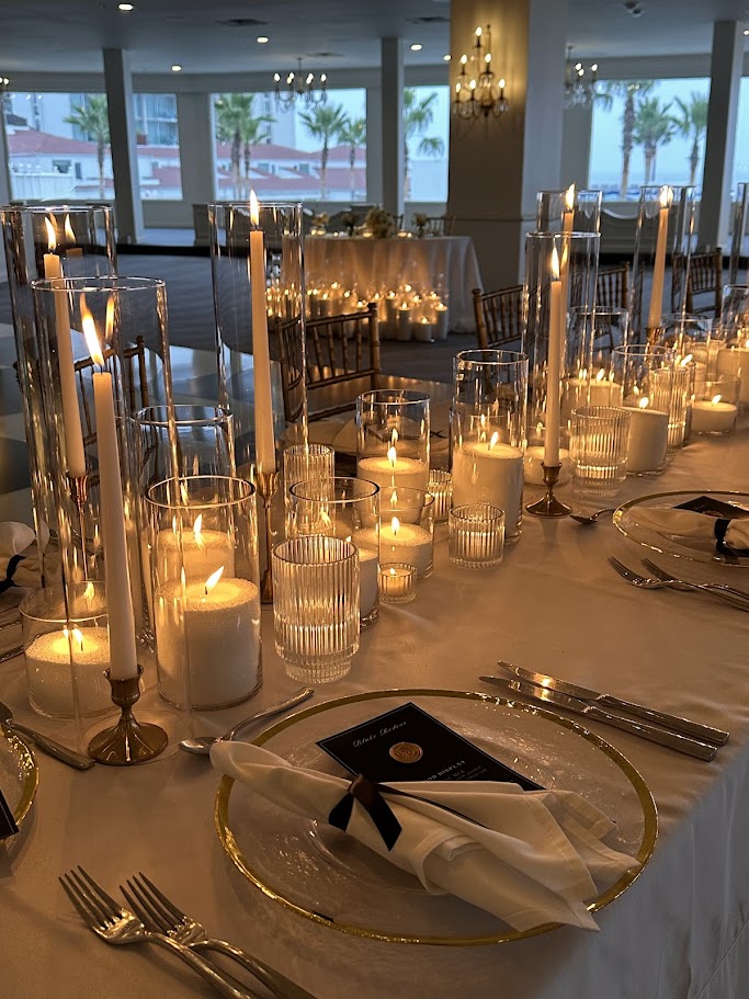 Mixed Candle Table Runner on long table at dinner reception for wedding